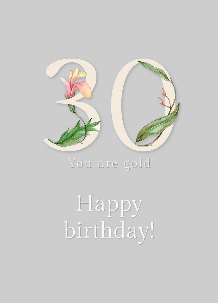 30th birthday greeting template psd with floral number illustration
