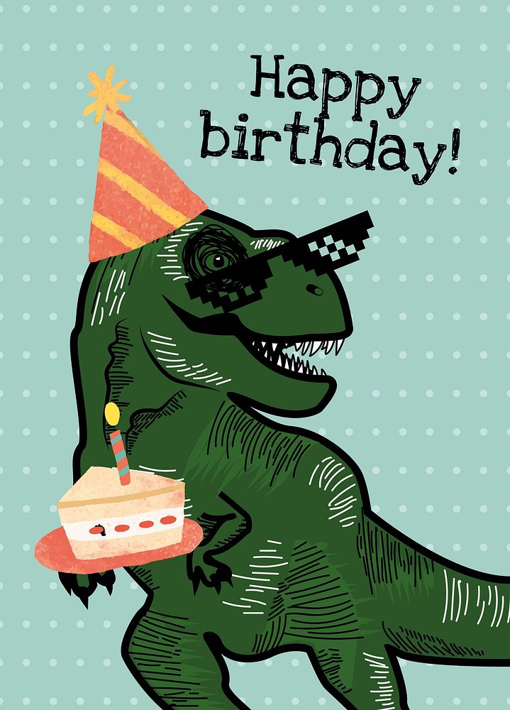 Online birthday greeting template vector with dinosaur holding a cake illustration