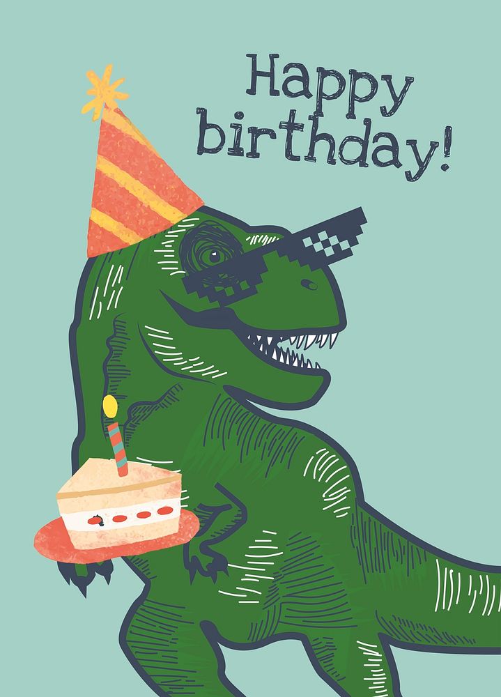 Kid&rsquo;s birthday greeting template psd with dinosaur holding a cake illustration