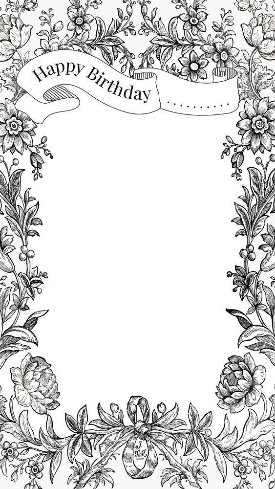 Vintage birthday greeting template vector with hand drawn flowers, remixed from public domain collection