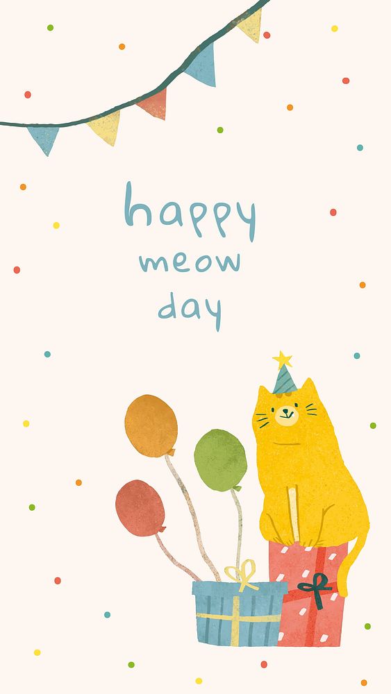 Birthday greeting template vector with cat illustration
