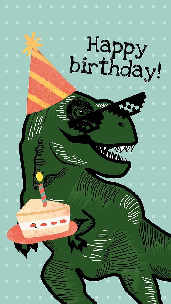 Kid&rsquo;s birthday greeting template vector with dinosaur holding a cake illustration