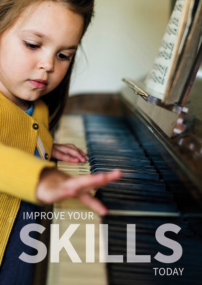 Educational poster template psd girl playing a piano background