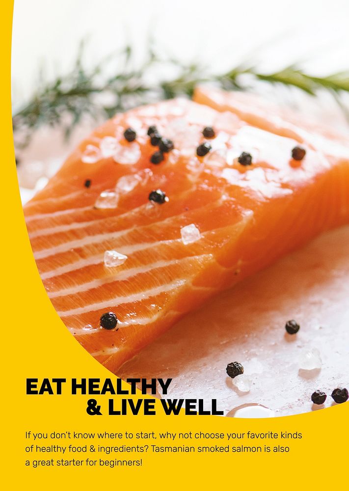Healthy food template psd with fresh salmon marketing lifestyle poster in abstract memphis design