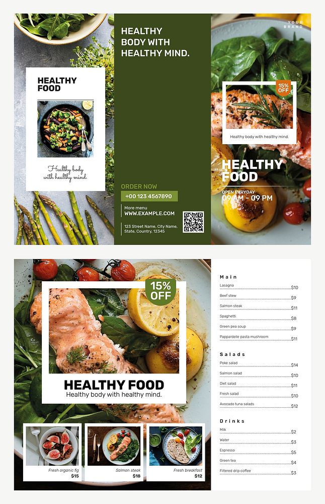 Healthy menu brochure template vector set
