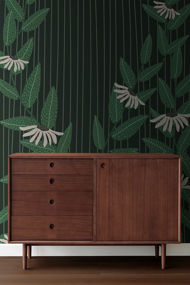 Green floral wallpaper psd mockup in retro style
