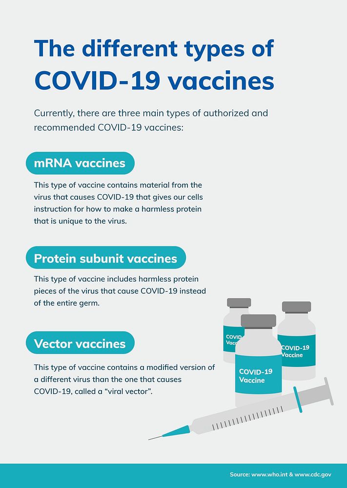 Coronavirus different vaccines poster template, vector COVID 19 printable guidance