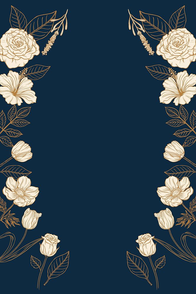 Vintage flowers frame background, navy blue design vector