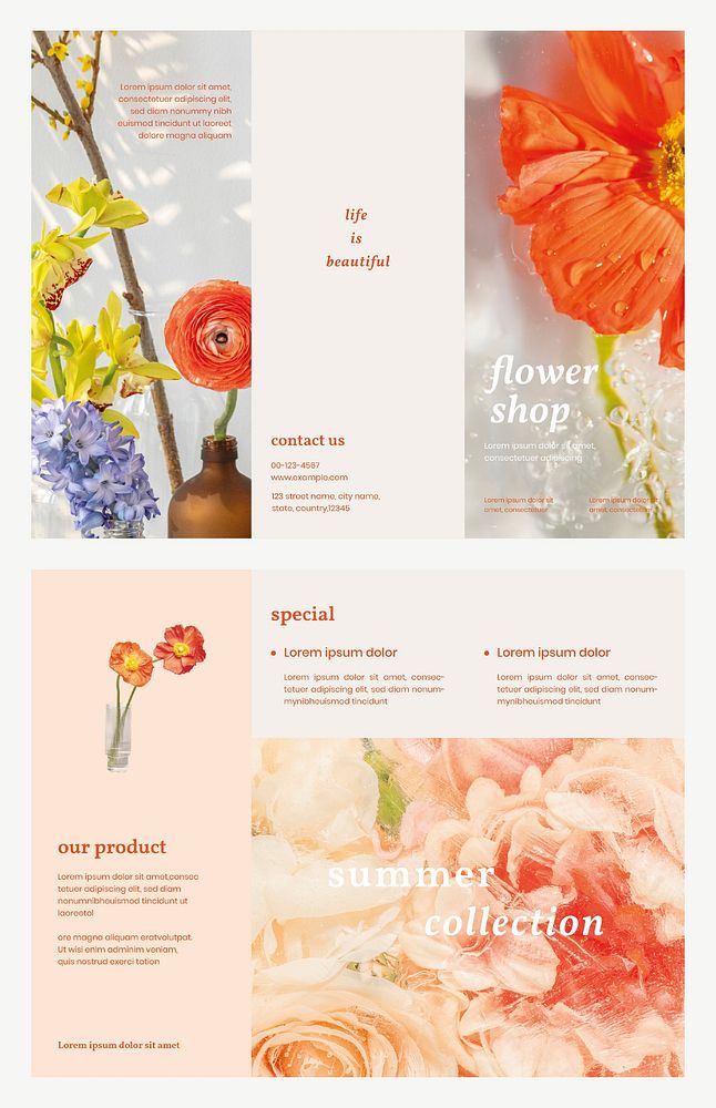 Tri-fold brochure template vector flower style set