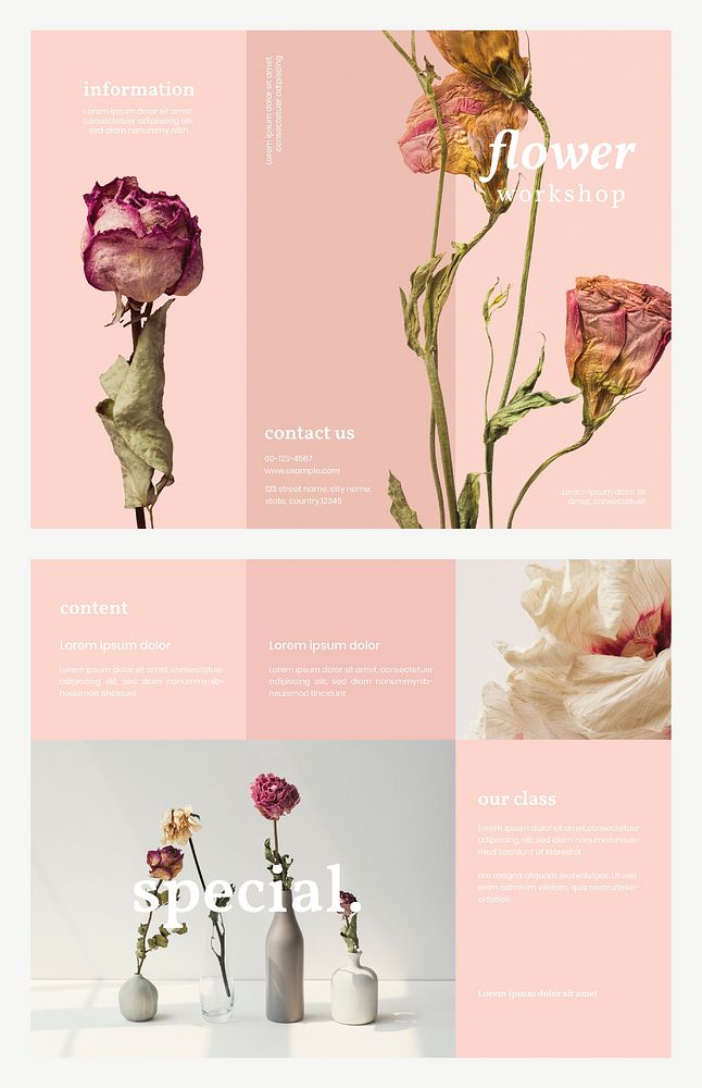 Tri-fold brochure template vector flower feminine style set