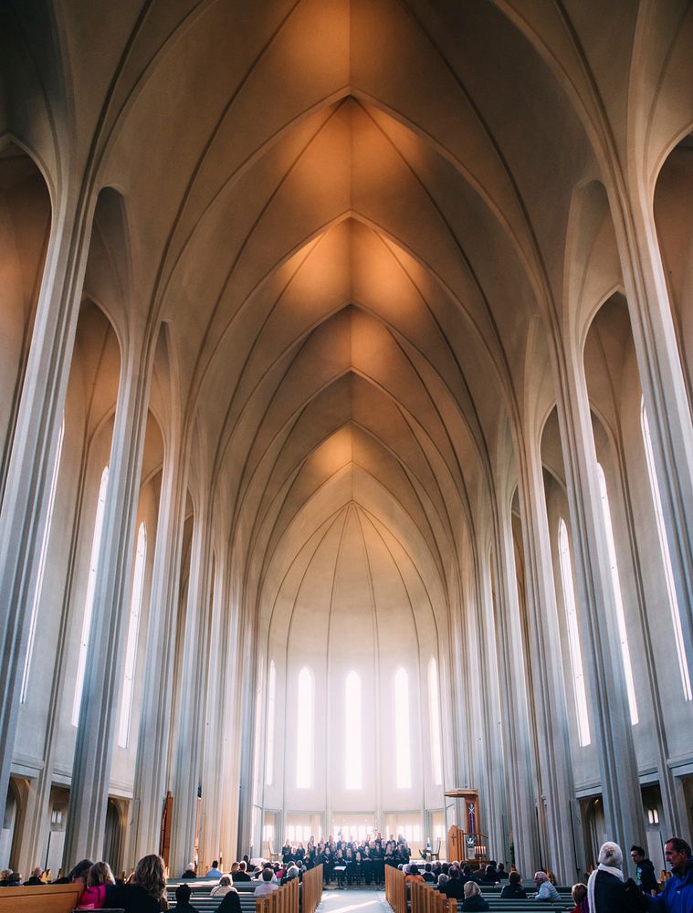 People listening to choir singing in the church. Original public domain image from Wikimedia Commons