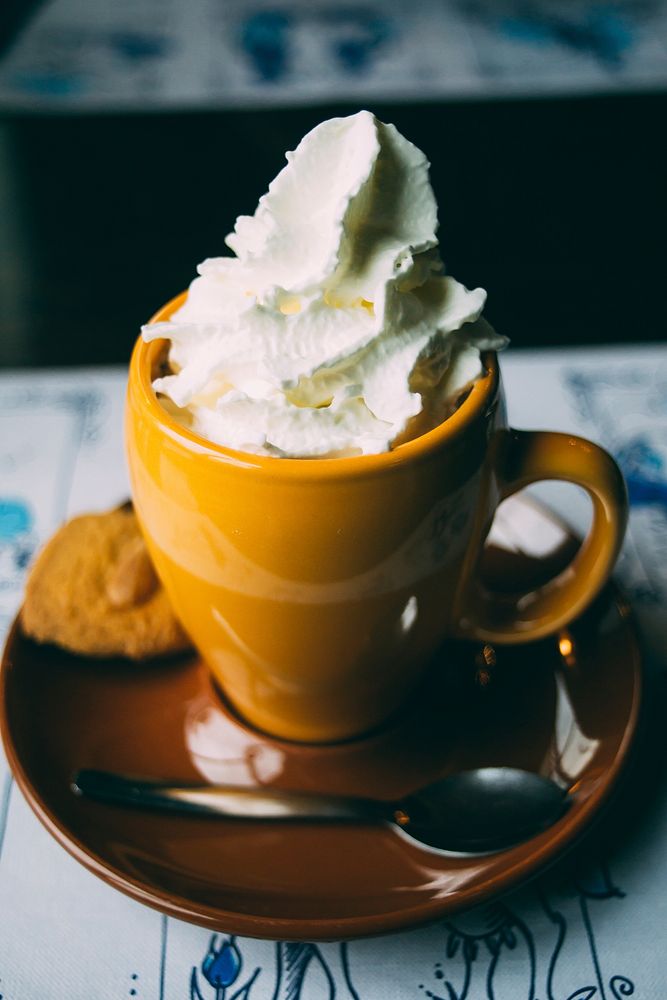 Hot chocolate topped with whipped cream. Original public domain image from Wikimedia Commons