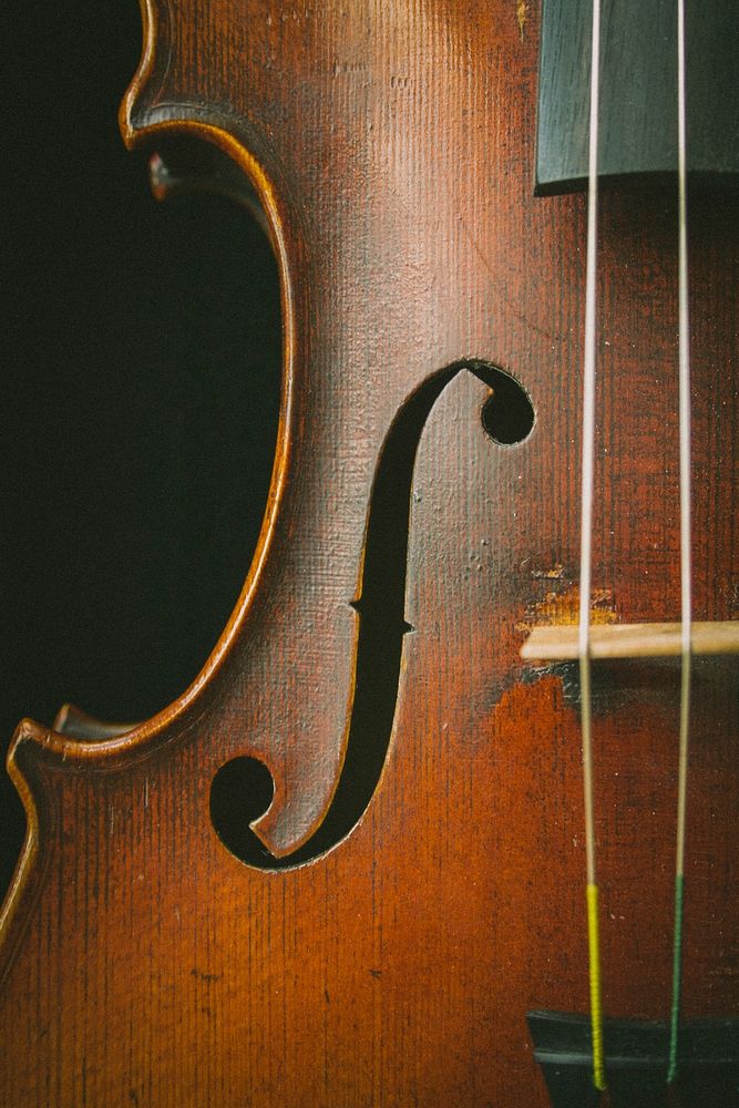 A close-up of the side of an old cello. Original public domain image from Wikimedia Commons