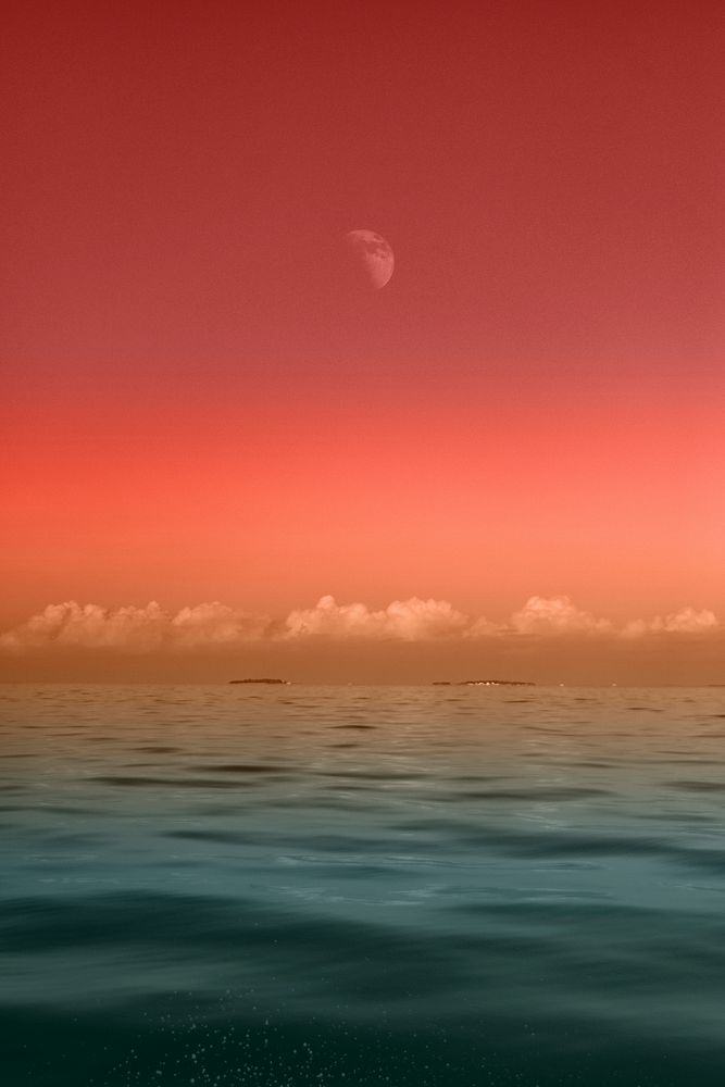The sky and sea appear in gradients on a cloudy day, as a hazy moon rises. Original public domain image from Wikimedia…