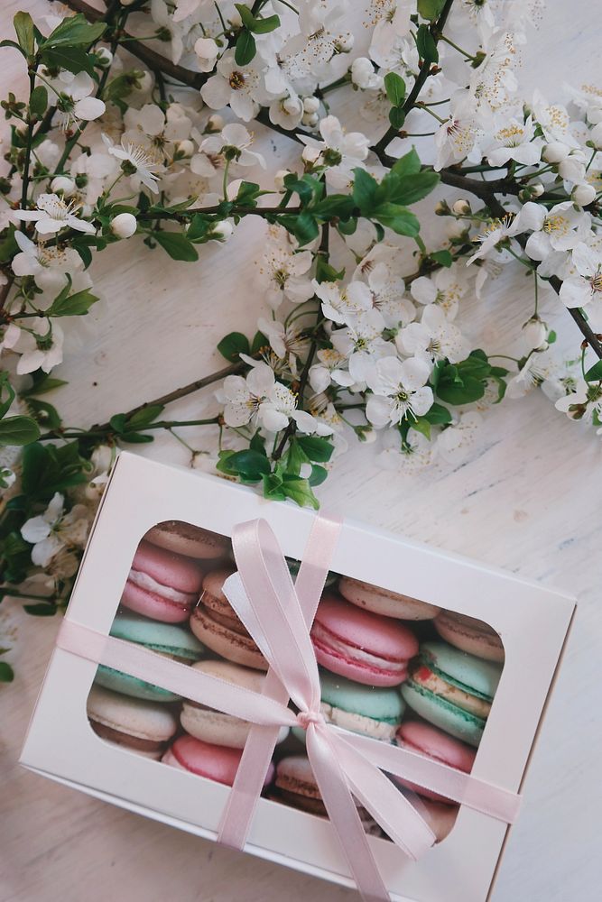 French macarons in white gift box. Original public domain image from Wikimedia Commons