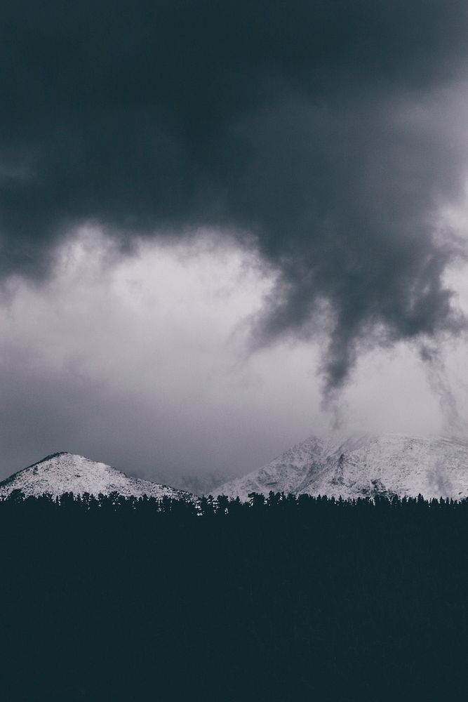 A bleak shot of white mountains over a dark treeline on a cloudy day. Original public domain image from Wikimedia Commons