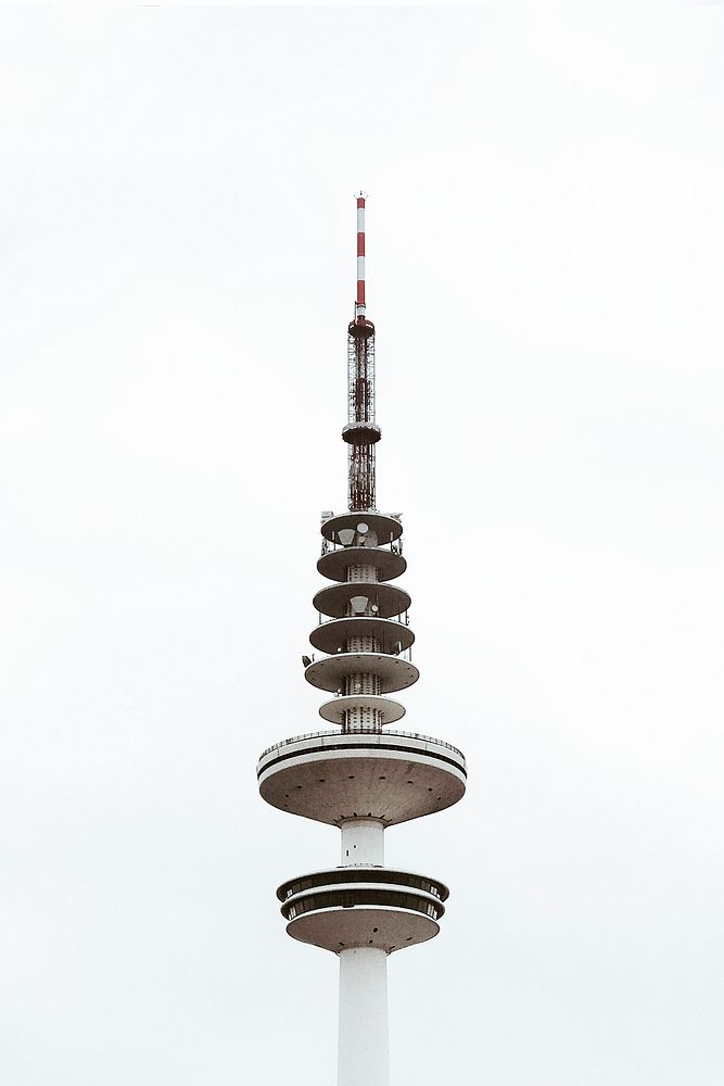 The tip of a communications tower in Hamburg against a white sky. Original public domain image from Wikimedia Commons