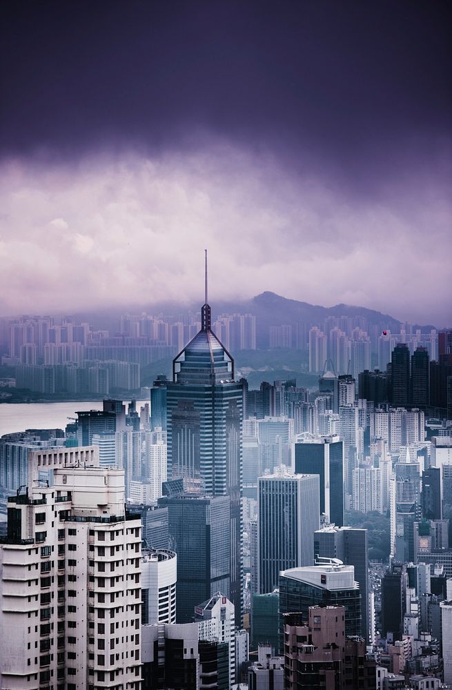 The skyline of Hong Kong under thick clouds. Original public domain image from Wikimedia Commons