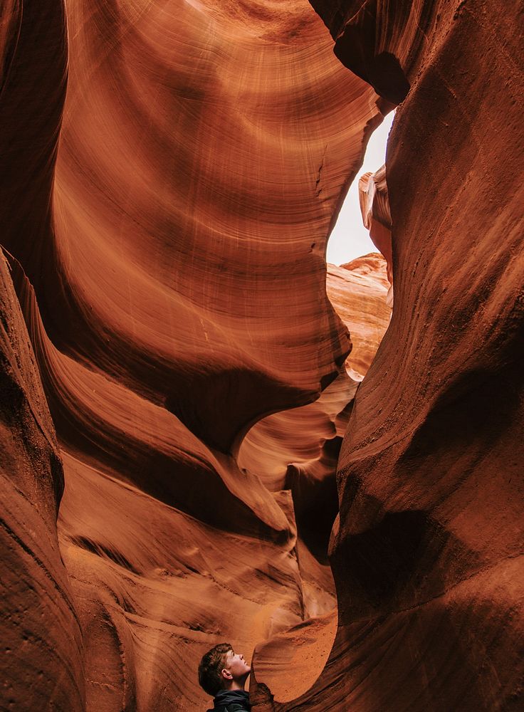 A man looking up the swirling red sandstone walls of a canyon. Original public domain image from Wikimedia Commons