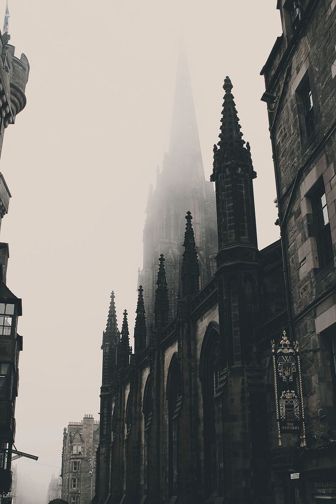 Monochromatic gothic cathedrals line the history streets of Edinburgh. Original public domain image from Wikimedia Commons