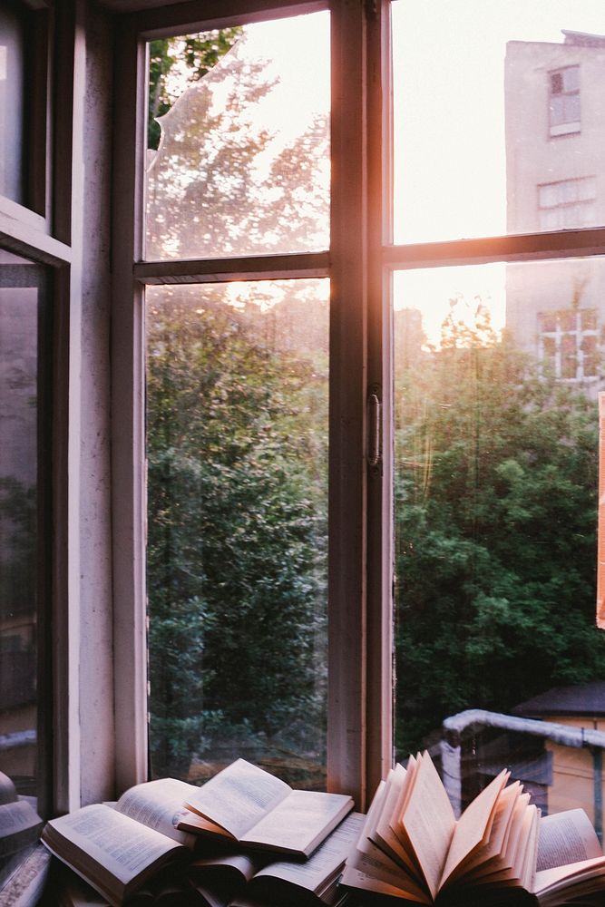 Books beside window during sunset. Original public domain image from Wikimedia Commons