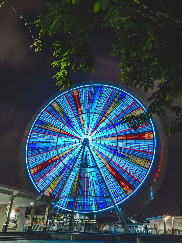 A bright and colorful ferris wheel spinning in circles in the middle of the night. Original public domain image from…