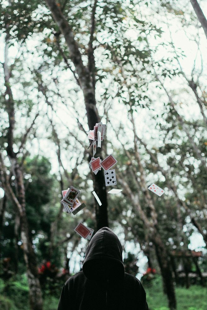 A person near a tree covered in hanging playing cards. Original public domain image from Wikimedia Commons