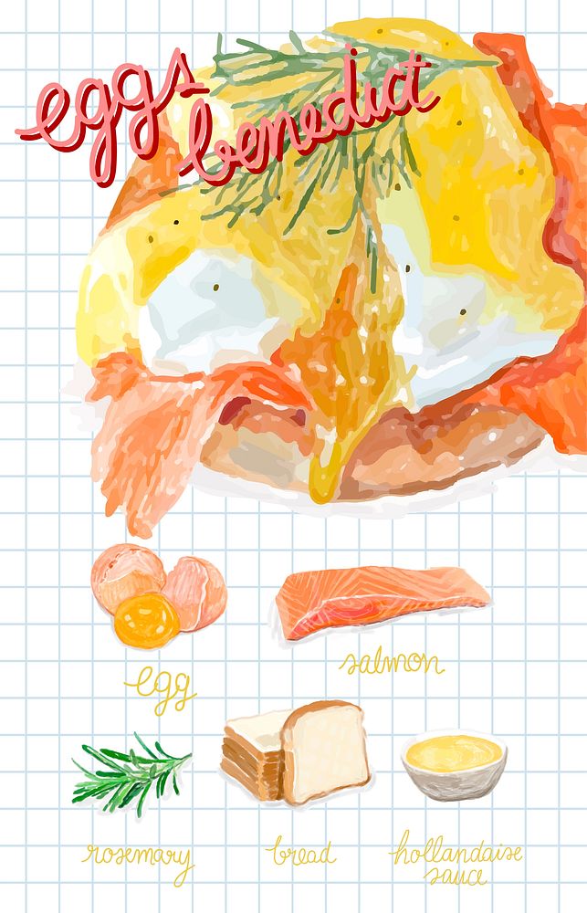 Hand drawn egg benedic watercolor style