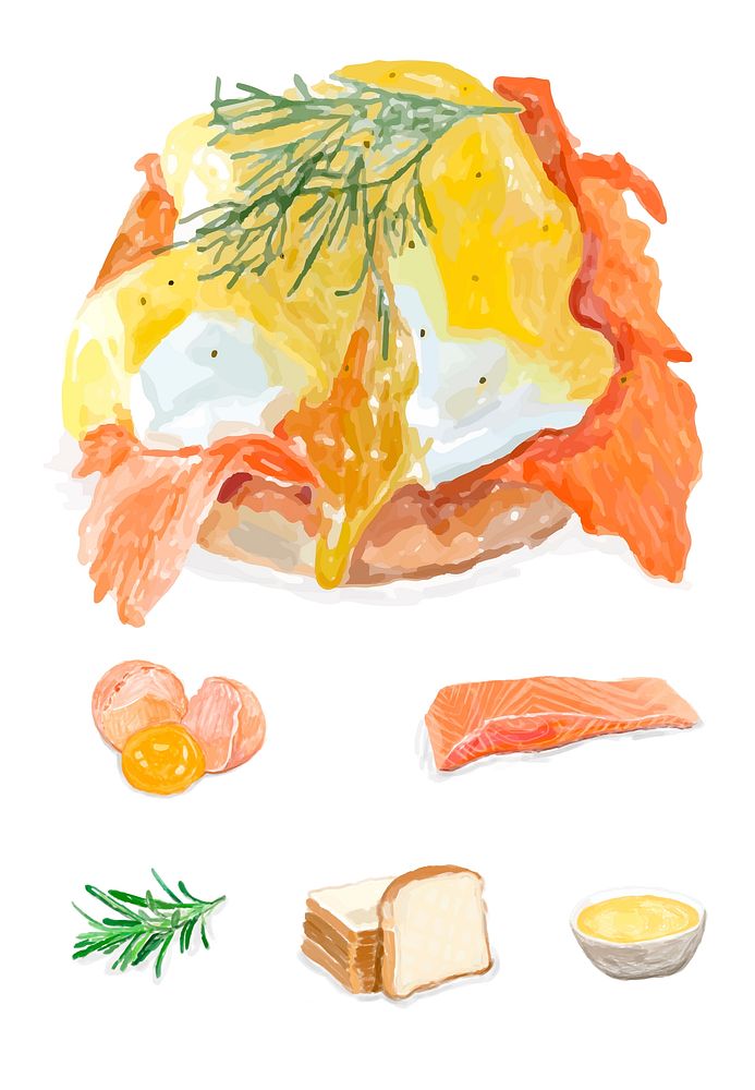 Hand drawn eggs benedict watercolor style