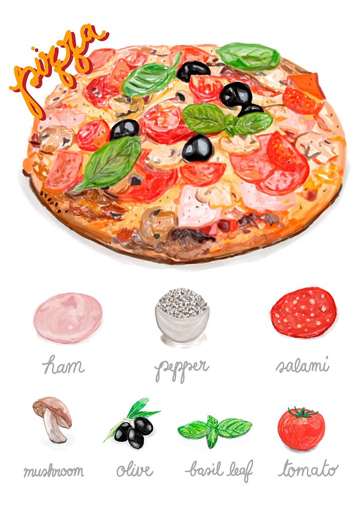 Hand drawn italian pizza watercolor style
