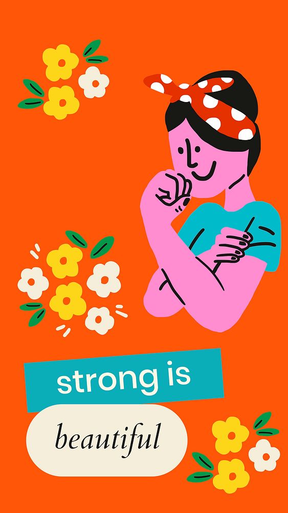 Strong is beautiful editable template social media story vector with retro woman character, woman empowerment concept