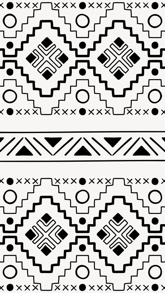 Pattern mobile wallpaper, aesthetic tribal aztec design, black and white geometric style