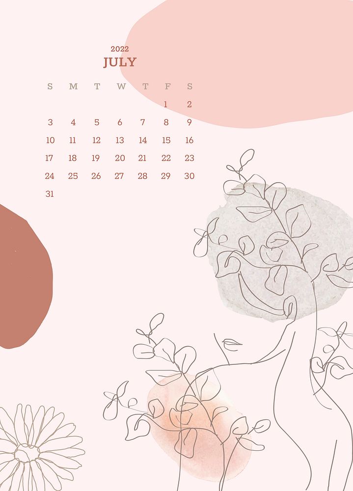 Botanical & woman July monthly calendar editable background psd, feminine aesthetics