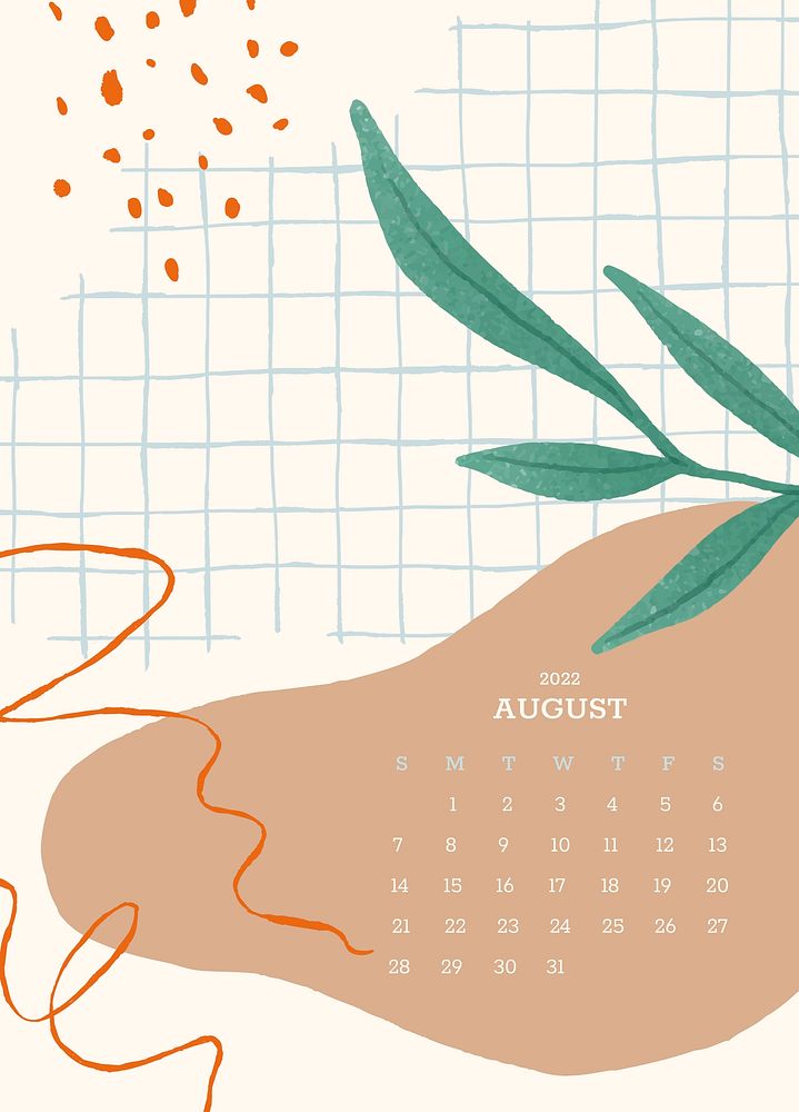 Botanical Memphis monthly calendar psd, August 