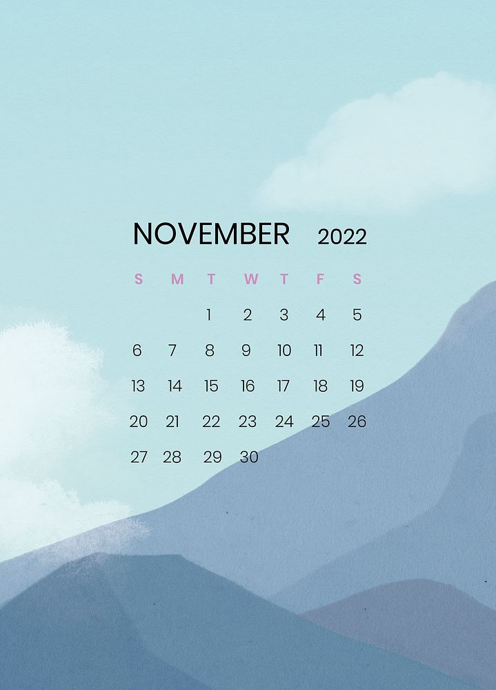 Mountain November monthly editable calendar background psd
