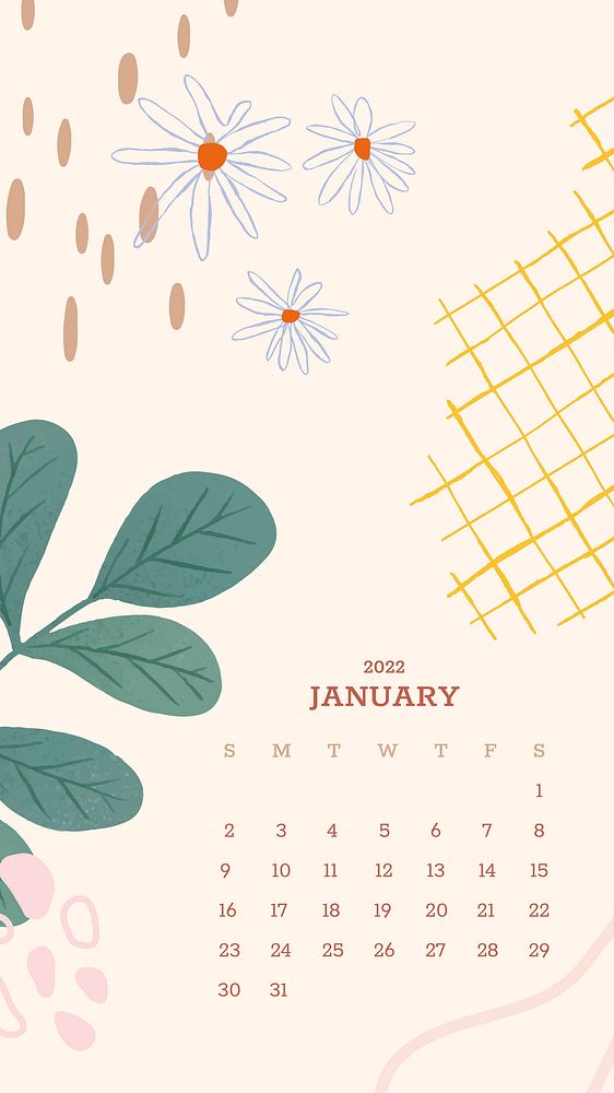 Botanical abstract January monthly calendar iPhone wallpaper vector