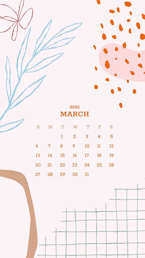 Botanical abstract March monthly calendar iPhone wallpaper vector