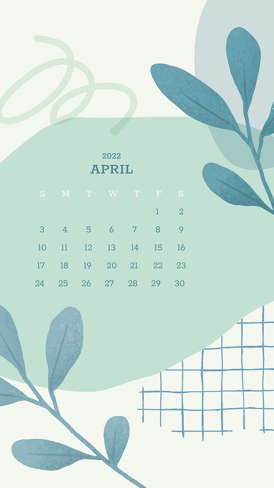 Botanical abstract April monthly calendar iPhone wallpaper in pastel green 
