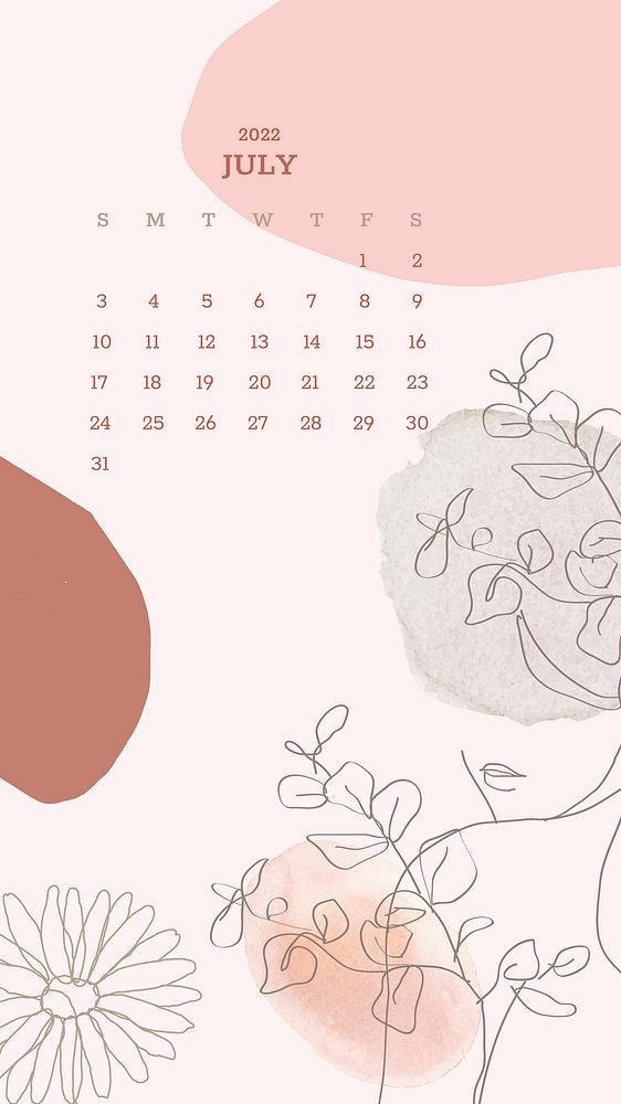 Botanical & woman abstract July monthly calendar iPhone wallpaper