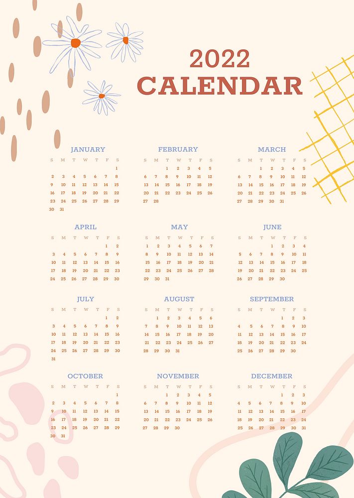 Botanical yearly printable calendar