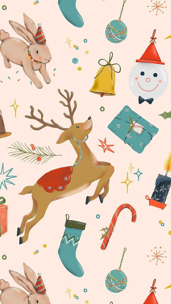 Christmas reindeer mobile wallpaper, winter holidays illustration