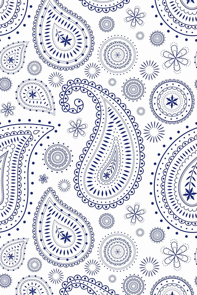 Paisley pattern background, white Indian mandala in blue