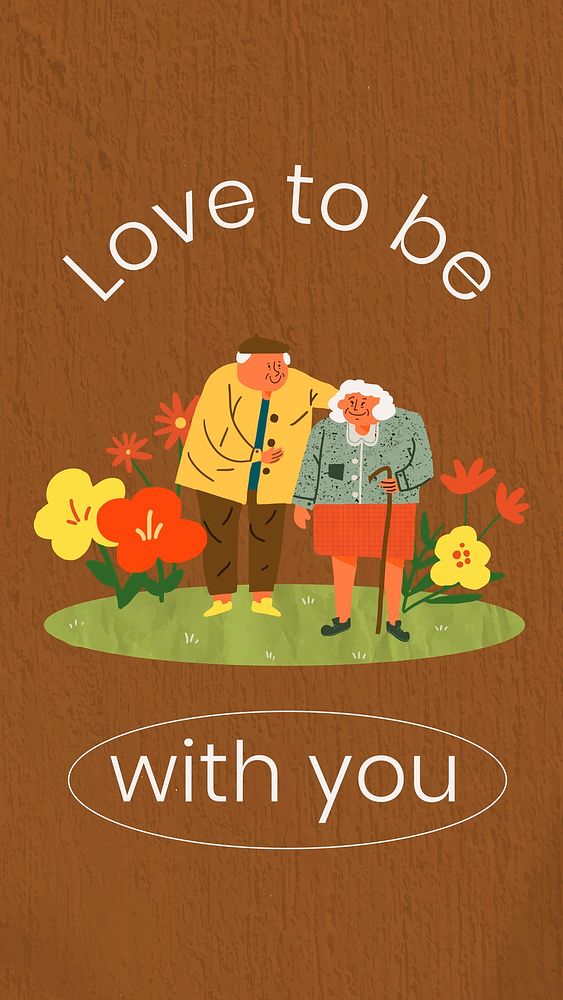 Love Instagram story template, old couple illustration with romantic quote vector