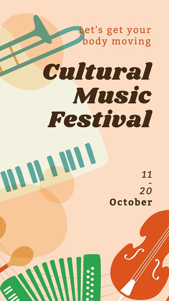 Cultural music festival story template, retro instrument design vector