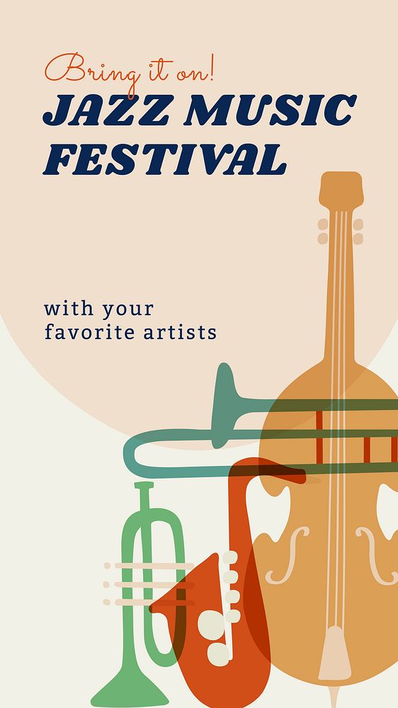 Jazz music festival story template, retro instrument design vector