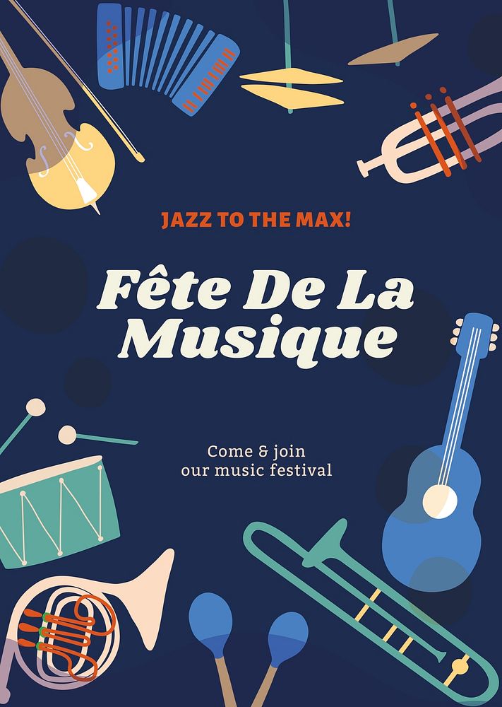 Jazz music concert poster template, retro instrument design psd