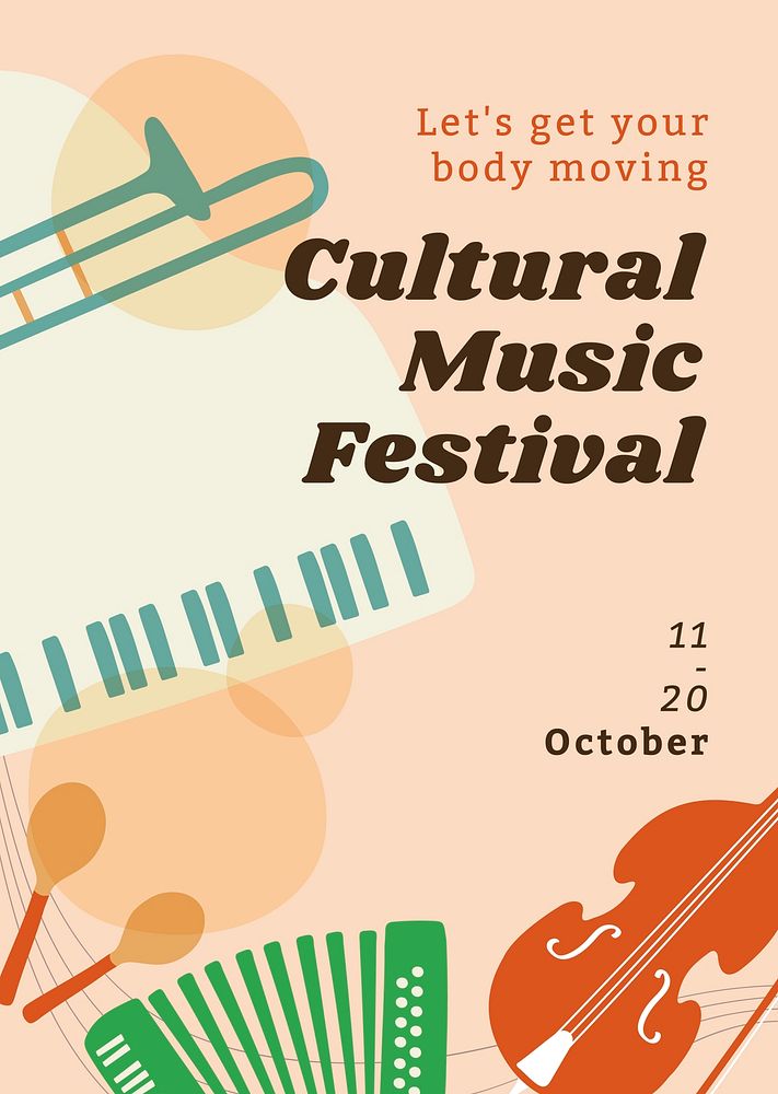 Cultural music festival poster template, retro instrument design psd