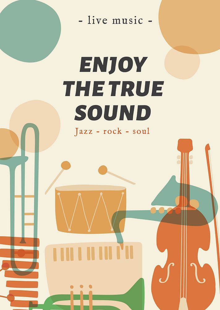 Music festival template, ad poster with retro instrument design vector