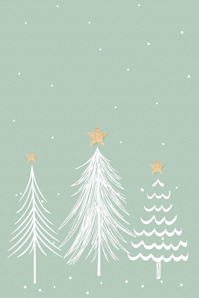 Green Christmas background, aesthetic pine trees doodle