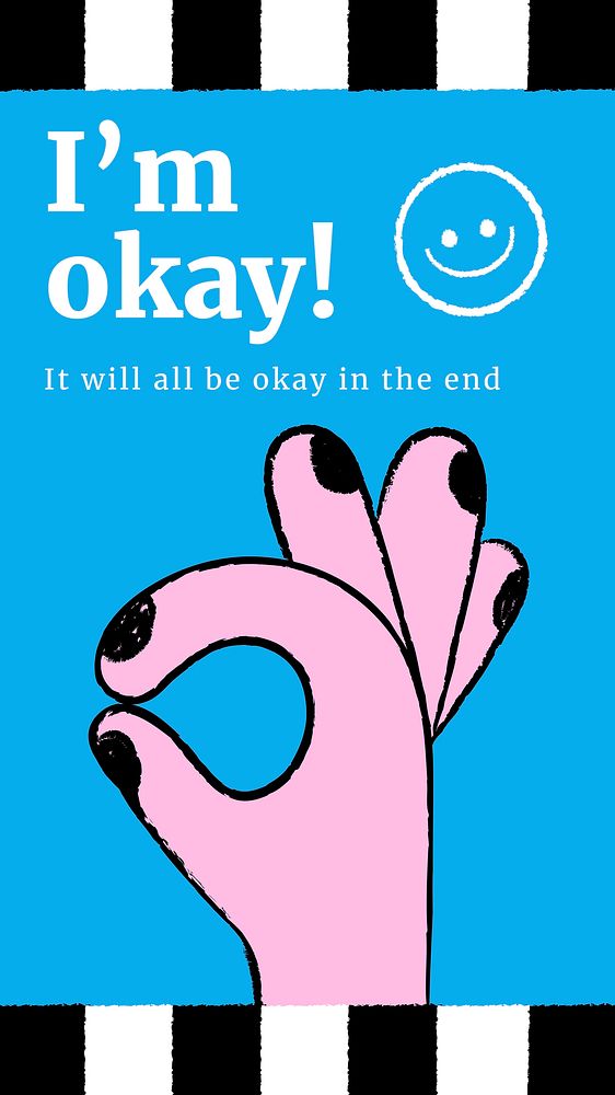 I&rsquo;m okay Instagram story template, hand gesture doodle vector